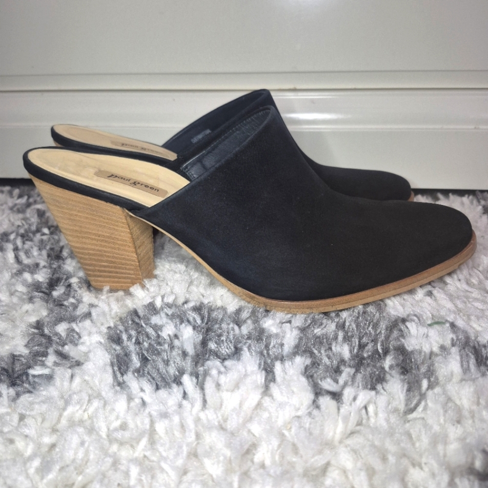 Paul Green Vonda Black Nubuck Stacked Heel Mules Size 8